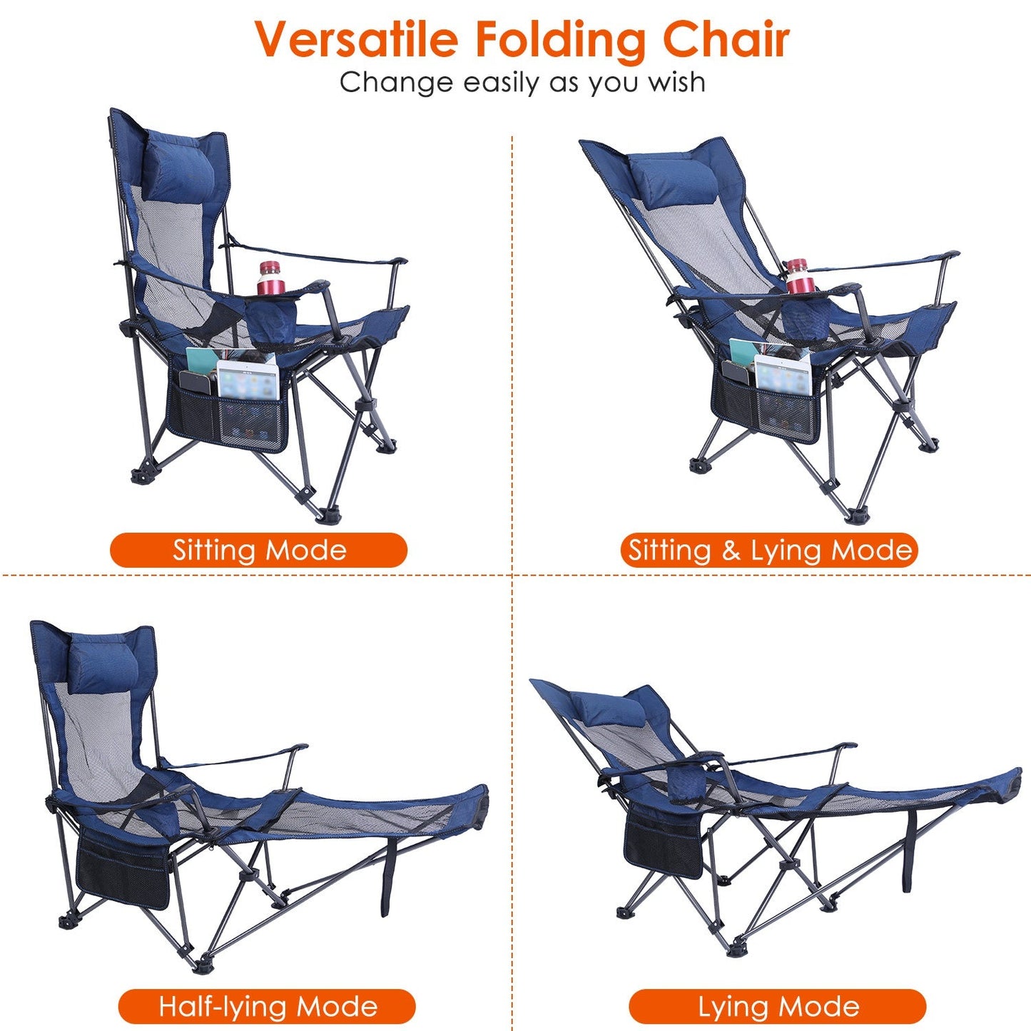 Reclining Foldable Camping Chair – 330 lb Heavy-Duty Steel with Cup Holder, Side Pocket & Carry Bag