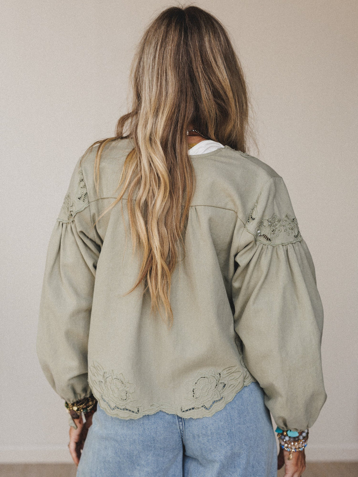 Extra Touch Embroidered Denim Jacket - Olive