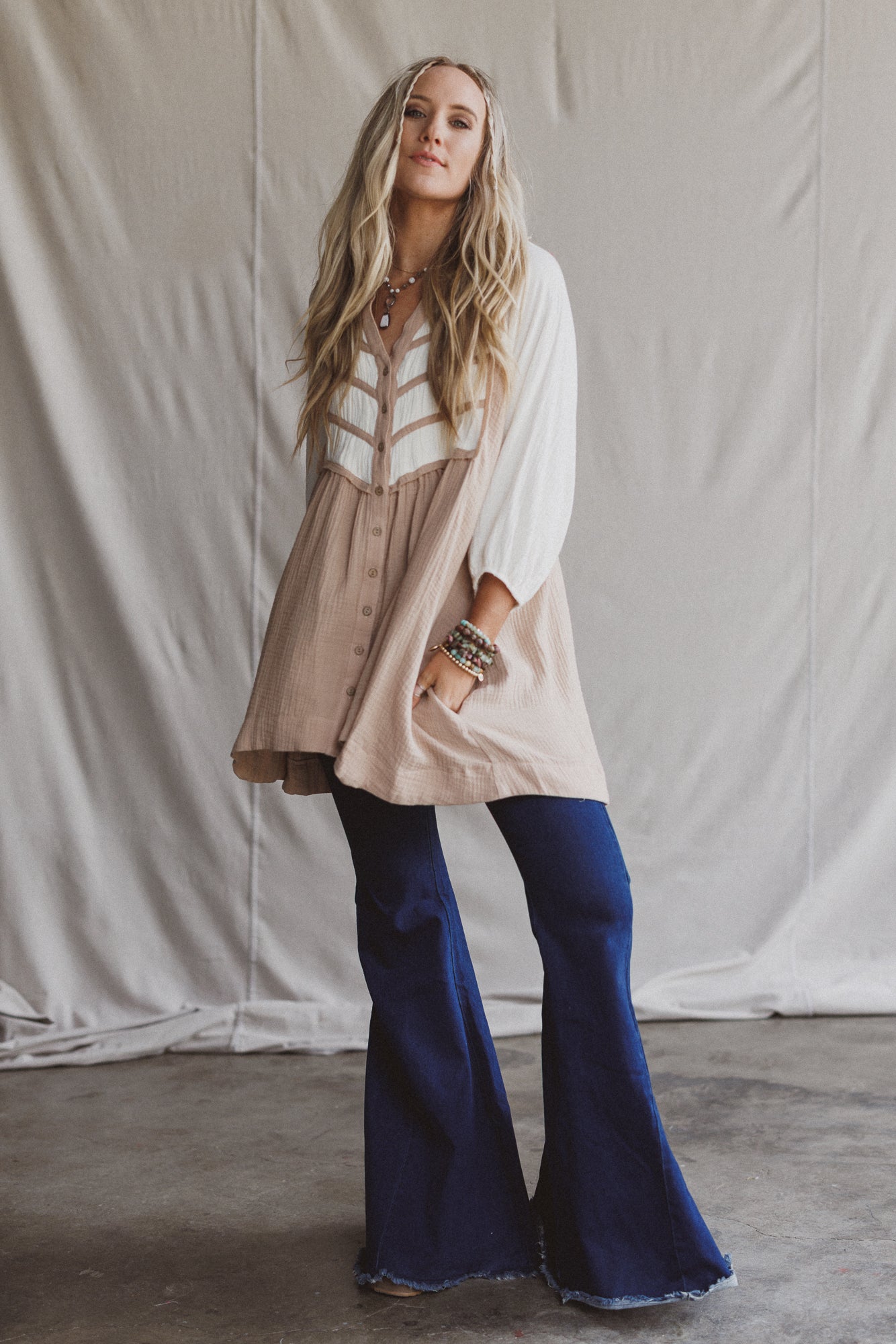 Divided Lines Button Down Tunic - Taupe