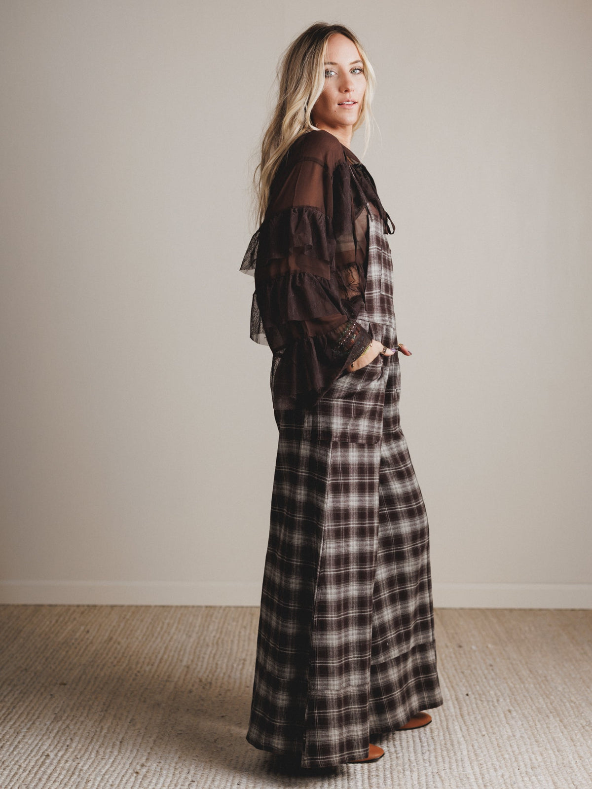 Favorite Flannel Wide Leg Overalls - Chocolate