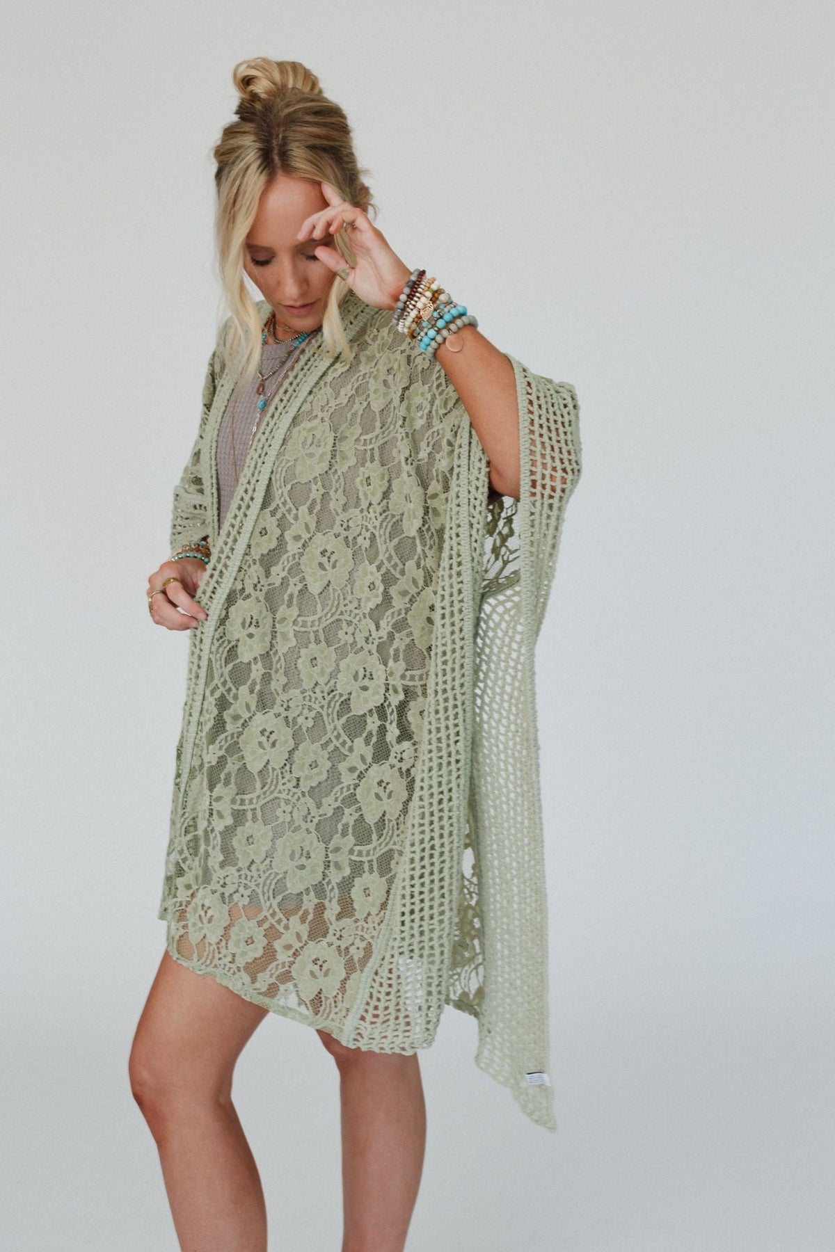 Breezy Floral Lace Kimono - Sage