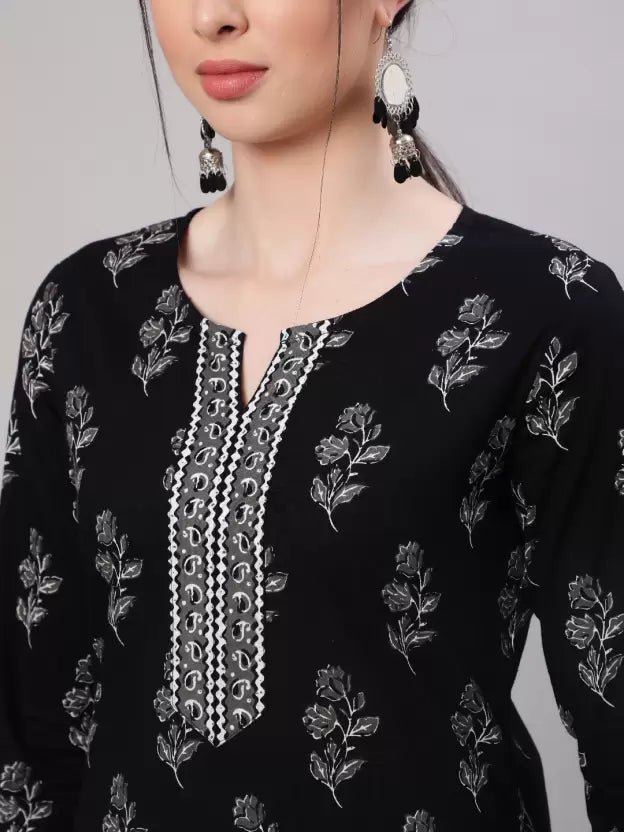 Black Floral Printed Straight Kurtis