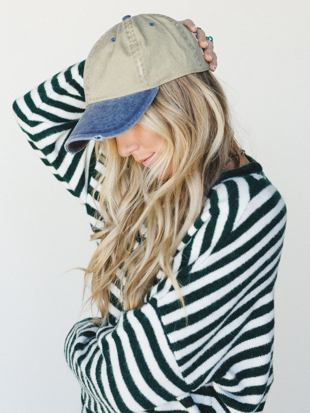 Distressed Baseball Cap Dad Hat
 - Two Tone Khaki Blue