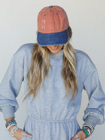 Distressed Baseball Cap Dad Hat
 - Two Tone Orange Blue