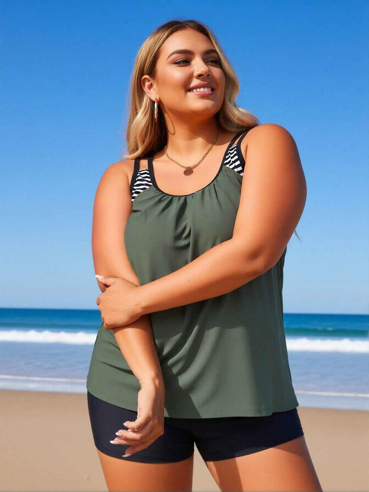 Women's Plus Size Army Green Striped Strap Boyleg Two-Piece Swimsuit
