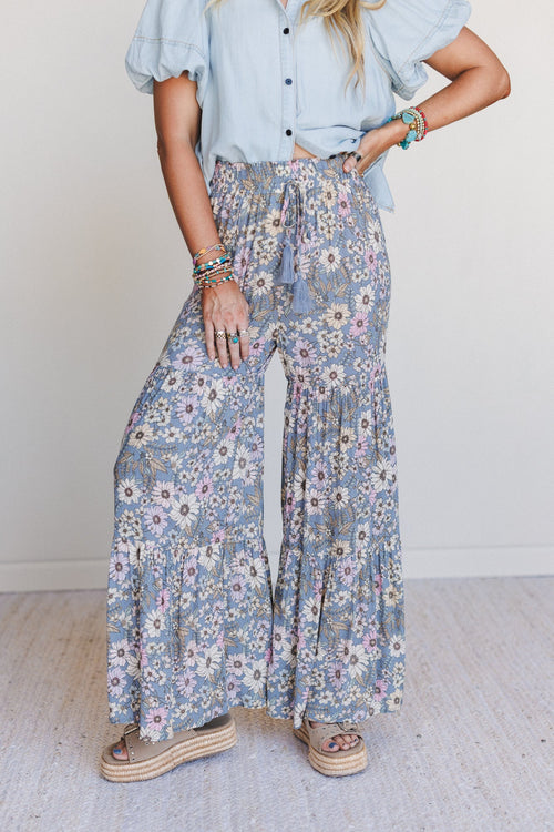 Botanic Drift Wide Leg Pants - Dusty Blue - Pre Order