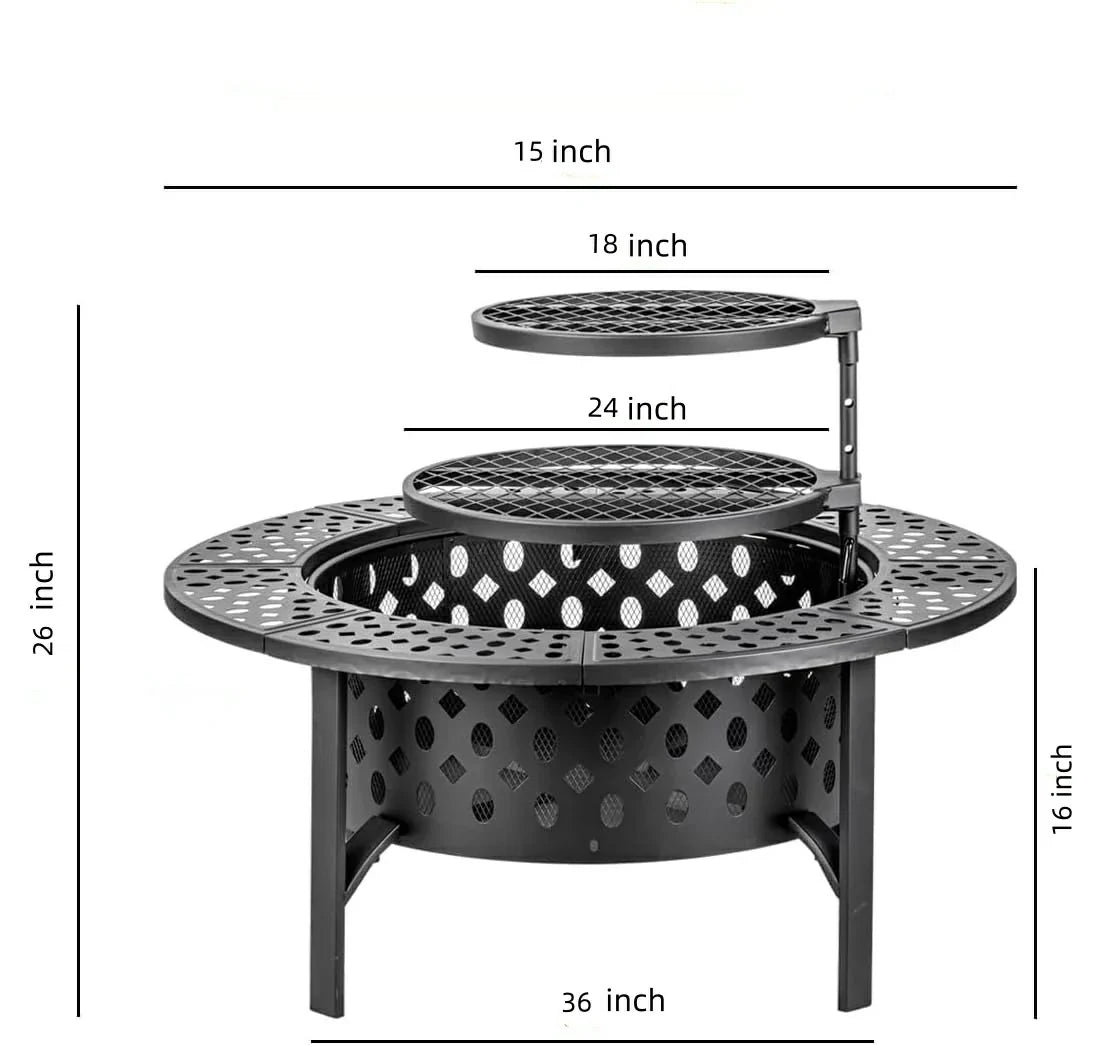Round Fire Pit Table with Adjustable 360° Swivel Cooking Grate, Heavy‑Duty Metal Outdoor Wood Burning Fire Bowl