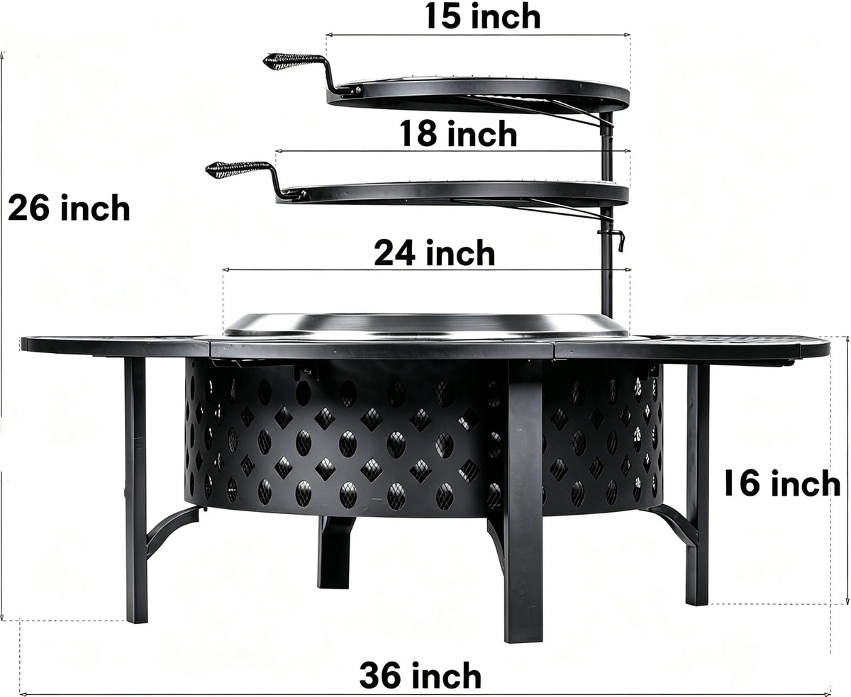 Round Fire Pit Table with Adjustable 360° Swivel Cooking Grate, Heavy‑Duty Metal Outdoor Wood Burning Fire Bowl