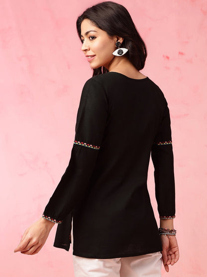 Black Geometric Embroidered Tie Up Neck Pure Cotton Kurti
