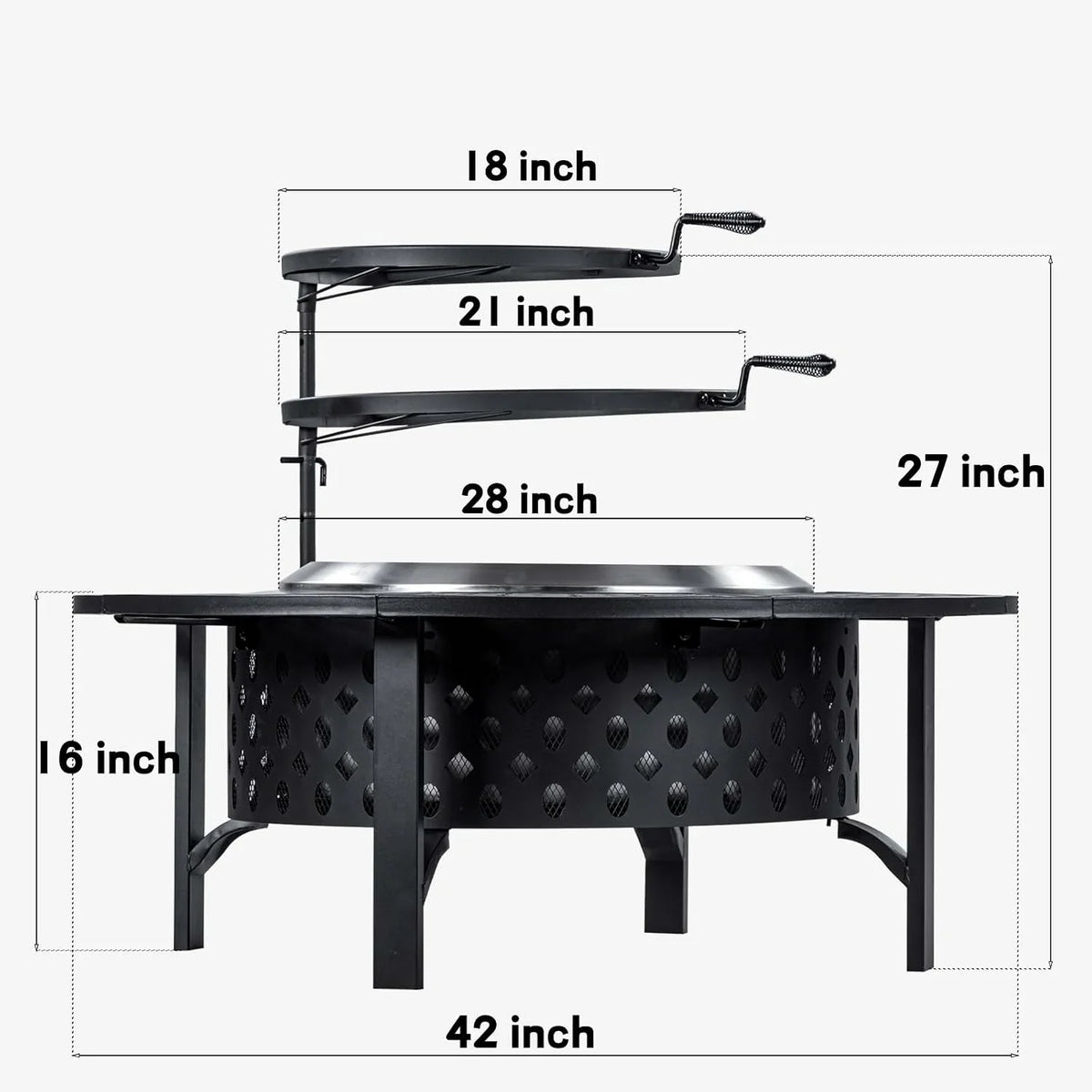 Round Fire Pit Table with Adjustable 360° Swivel Cooking Grate, Heavy‑Duty Metal Outdoor Wood Burning Fire Bowl