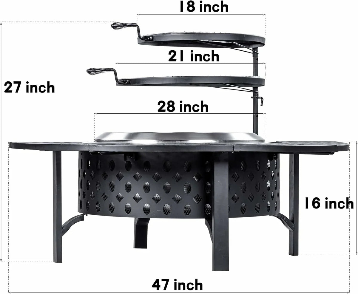 Round Fire Pit Table with Adjustable 360° Swivel Cooking Grate, Heavy‑Duty Metal Outdoor Wood Burning Fire Bowl