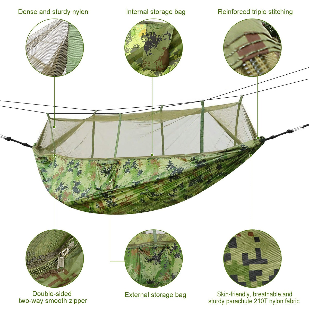 Double Camping Hammock with Mosquito Net – 600 lb Capacity, 210T Parachute Nylon with Straps & Carabiners