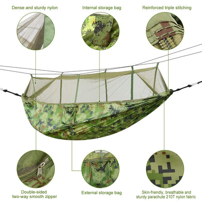 Double Camping Hammock with Mosquito Net – 600 lb Capacity, 210T Parachute Nylon with Straps & Carabiners