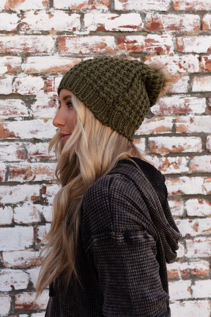 Aspen Waffle Knit Faux Fur Beanie - Olive