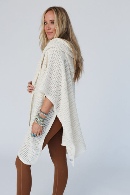 By The River Hooded Waffle Ruana - Ivory