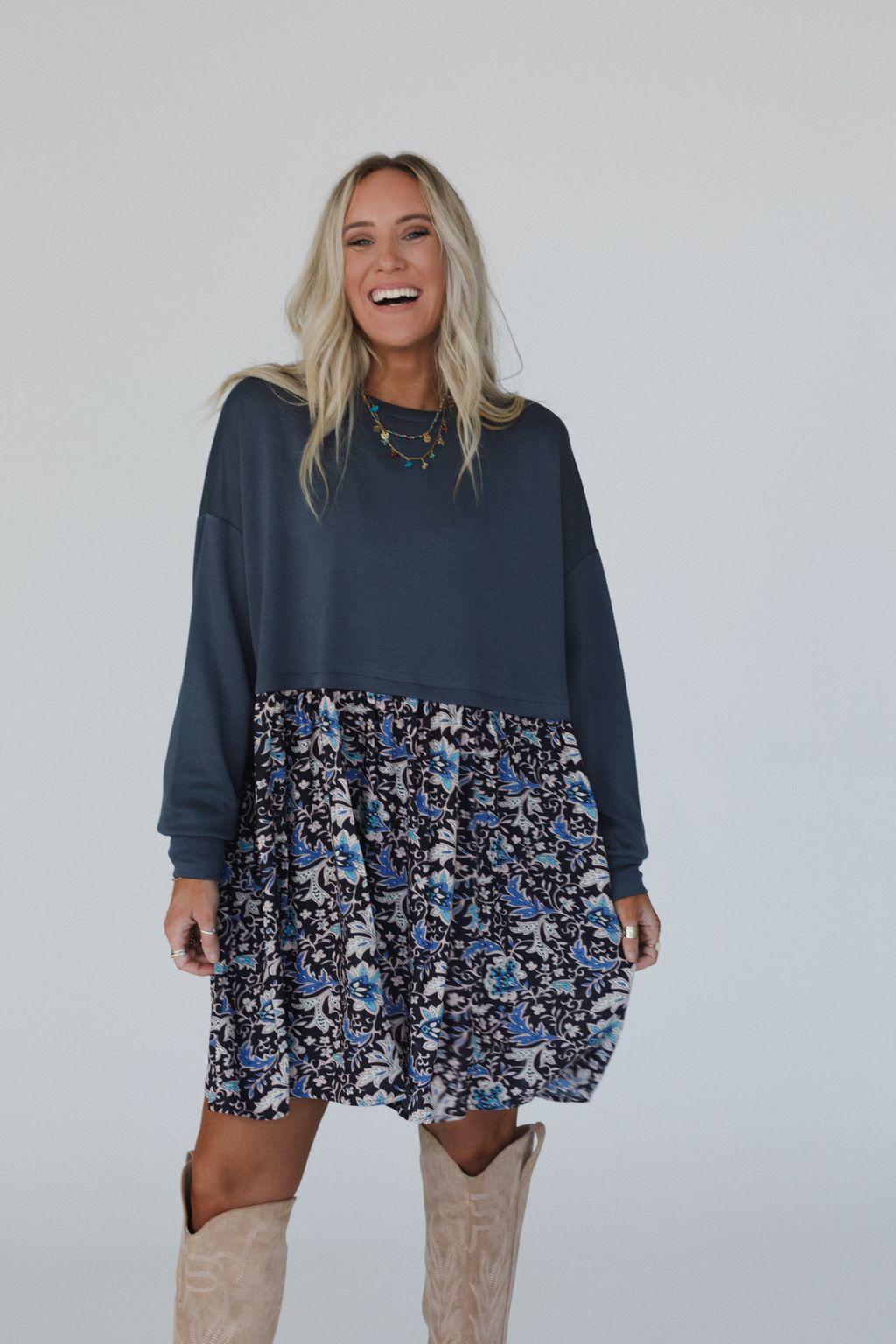 Cozy Blooms Contrast Dress - Navy Multi
