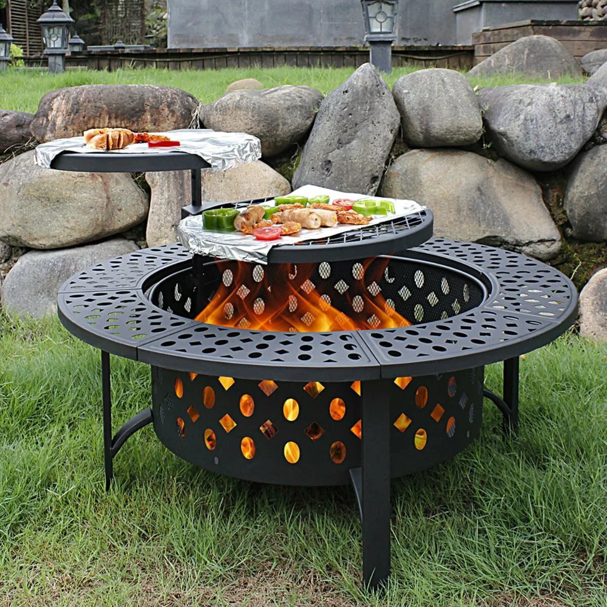 Round Fire Pit Table with Adjustable 360° Swivel Cooking Grate, Heavy‑Duty Metal Outdoor Wood Burning Fire Bowl