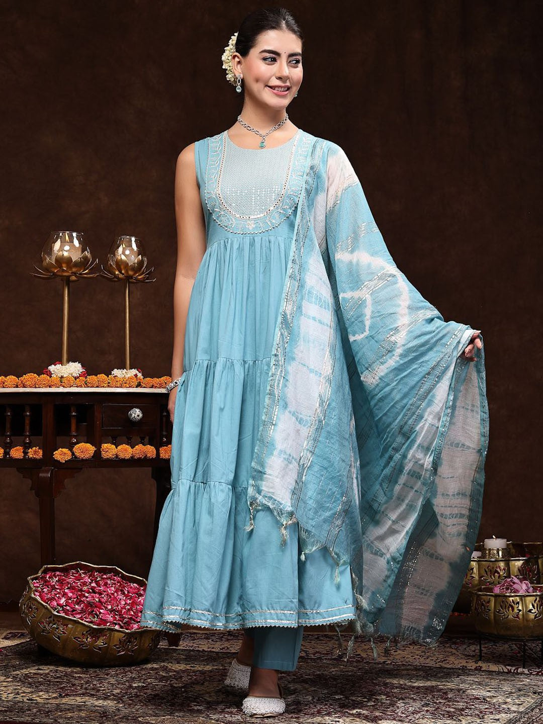 Blue & White Floral Yoke Design Pure Cotton Anarkali Kurta & Trousers With Dupatta
