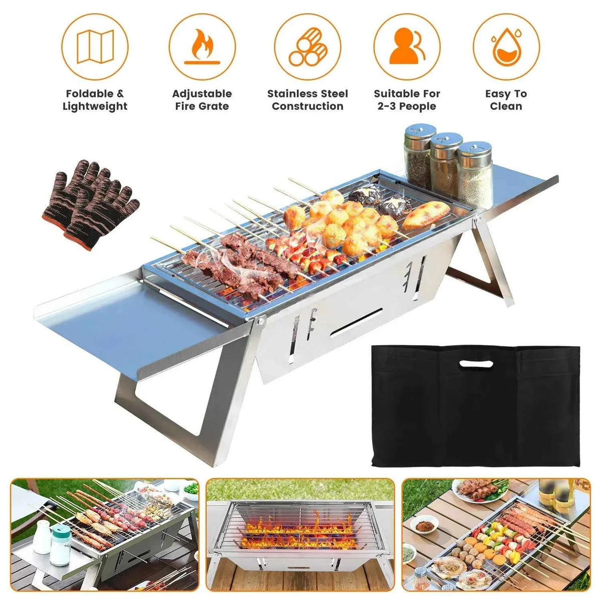 3-in-1 Foldable Charcoal Grill, Fire Pit & Slow Cooker – 201 Stainless Steel, 1472°F Rated for Camping & BBQ