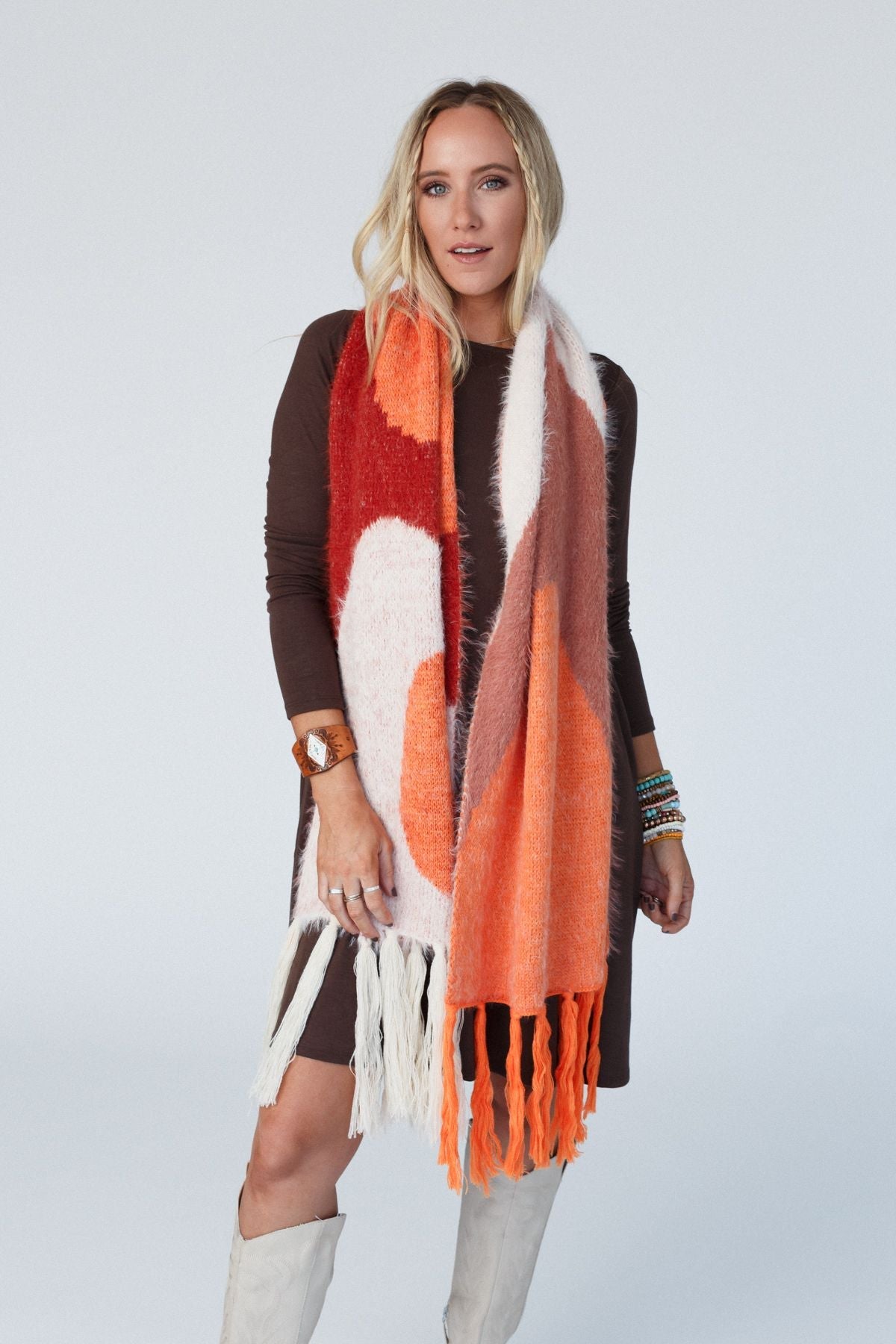 Groovy Swirl Tassel Scarf - Rust