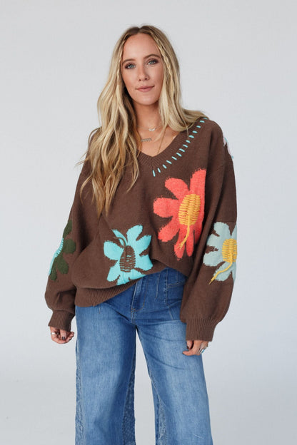 Good Mood Flower Print Sweater - Chocolate