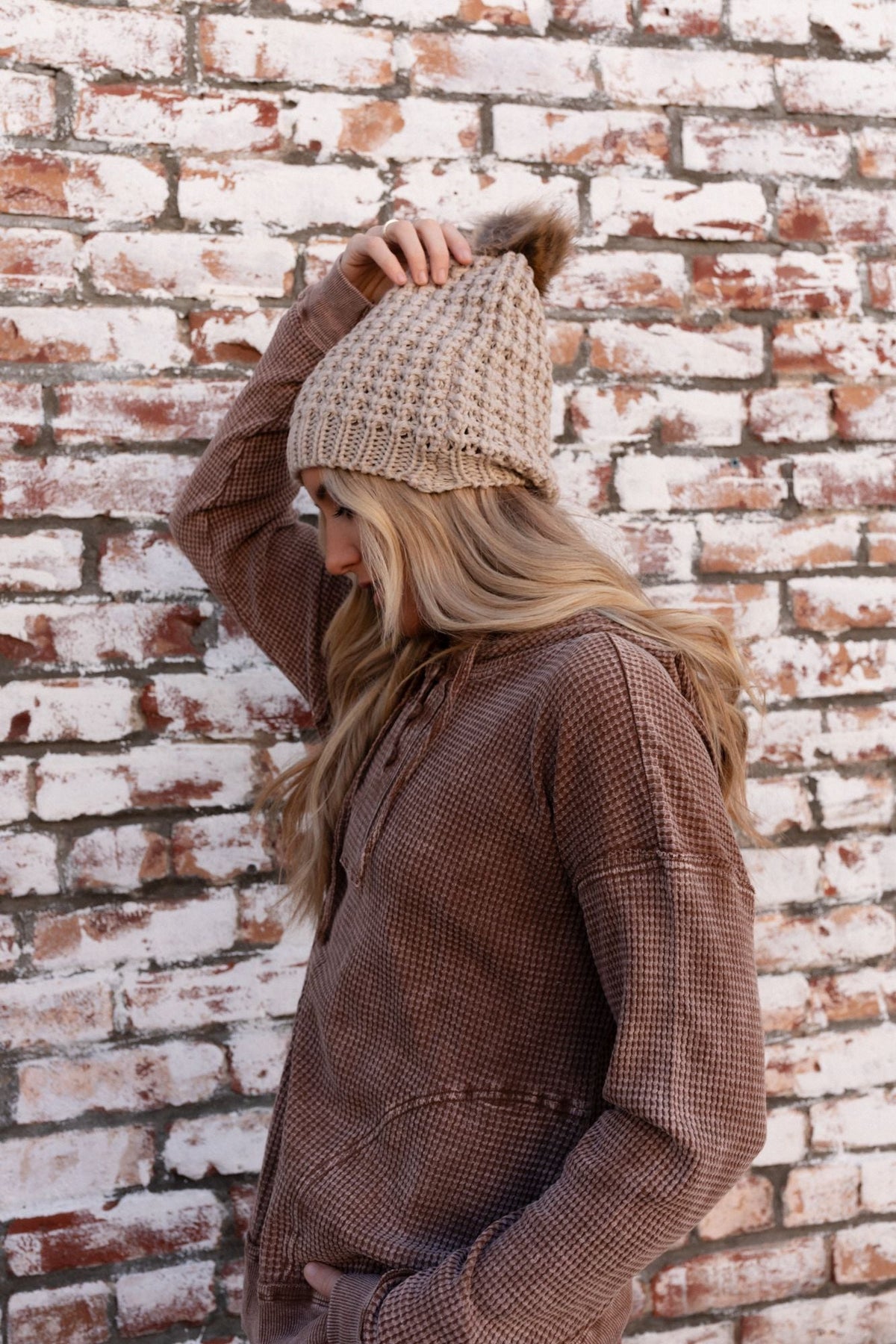 Aspen Waffle Knit Faux Fur Beanie - Mocha