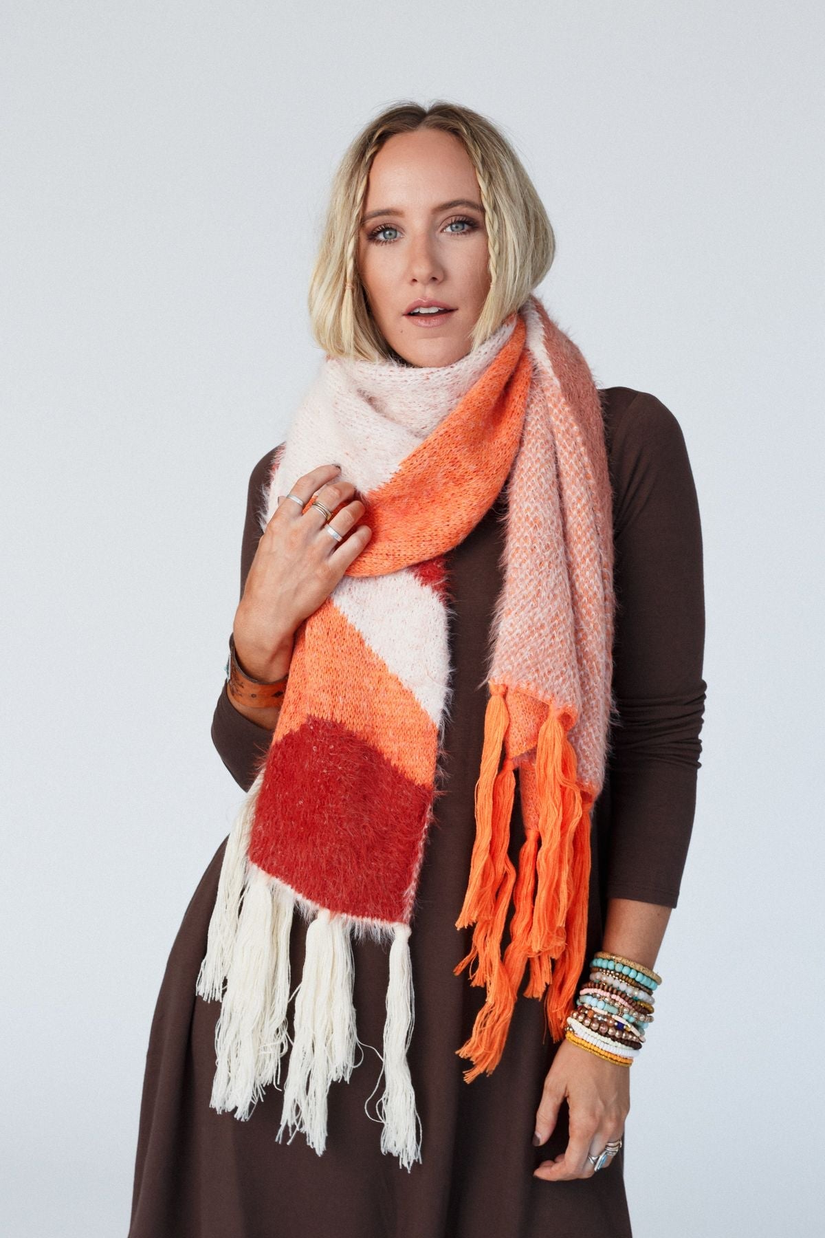 Groovy Swirl Tassel Scarf - Rust
