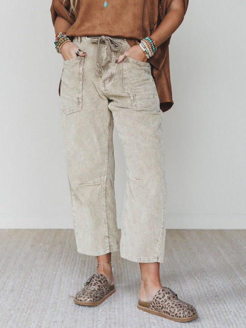 Fall Feeling Corduroy Barrel Pants - Olive Taupe