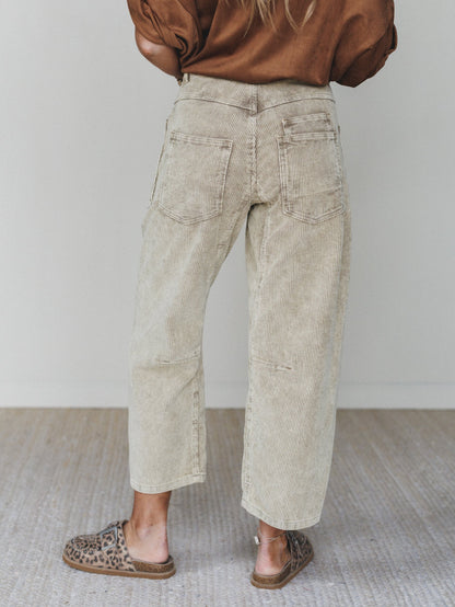 Fall Feeling Corduroy Barrel Pants - Olive Taupe