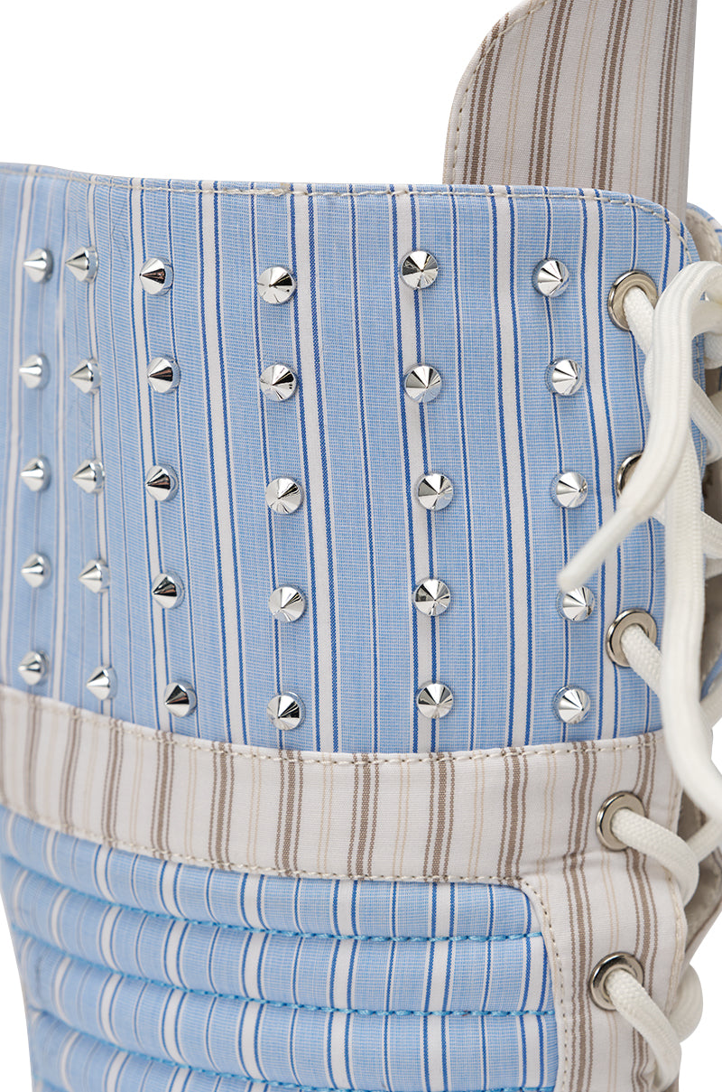 AKIRA GOLD ALBERTO BLUE STRIPE PATTERN GLADIATOR STILETTO
