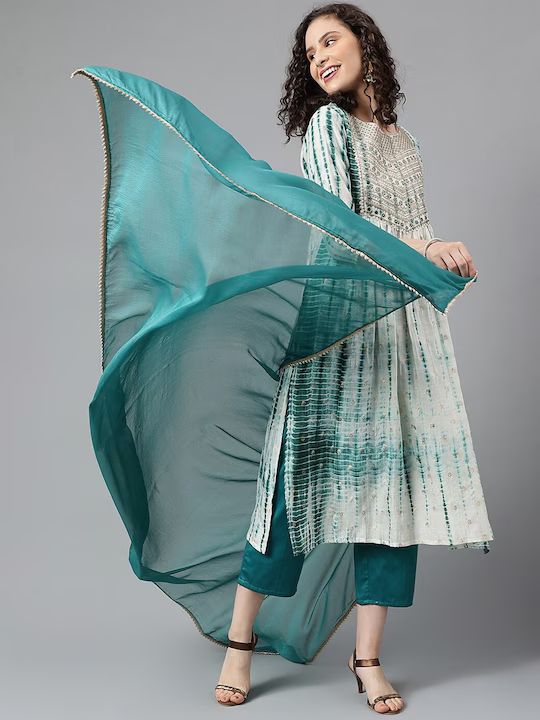 Abstract Printed Thread Work A-Line Kurta & Palazzos With Dupatta
