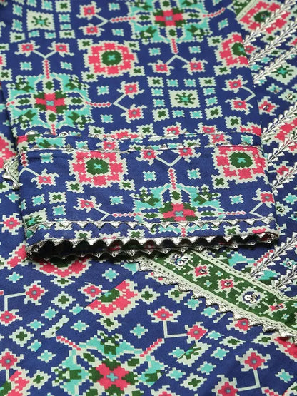 Blue & Mint Floral Printed Straight Kurta With Trousers & Printed Dupatta