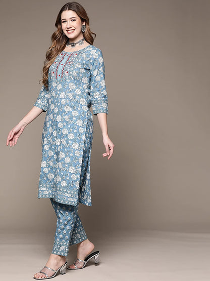Blue floral print cotton Kurta Suit set with dupatta for women