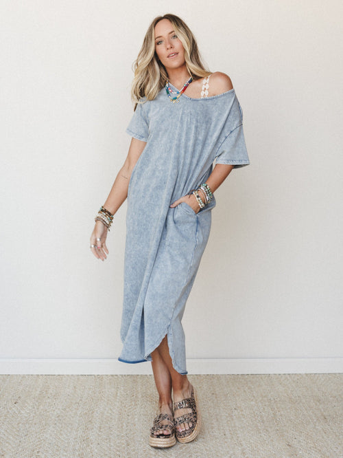 Dreaming in June Maxi Tee Dress - Cloud Denim
