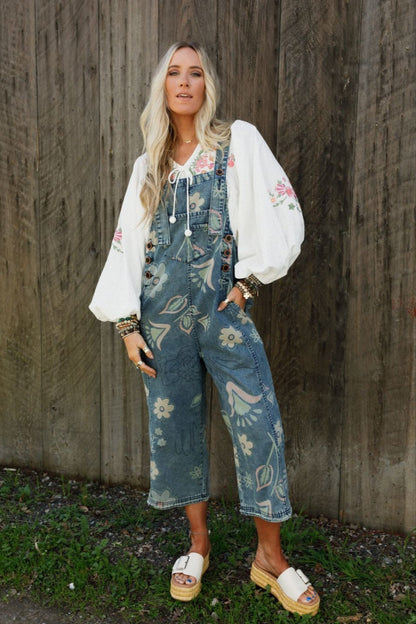 High Hopes Slouchy Pocket Denim Overalls - Blue Artsy Floral
