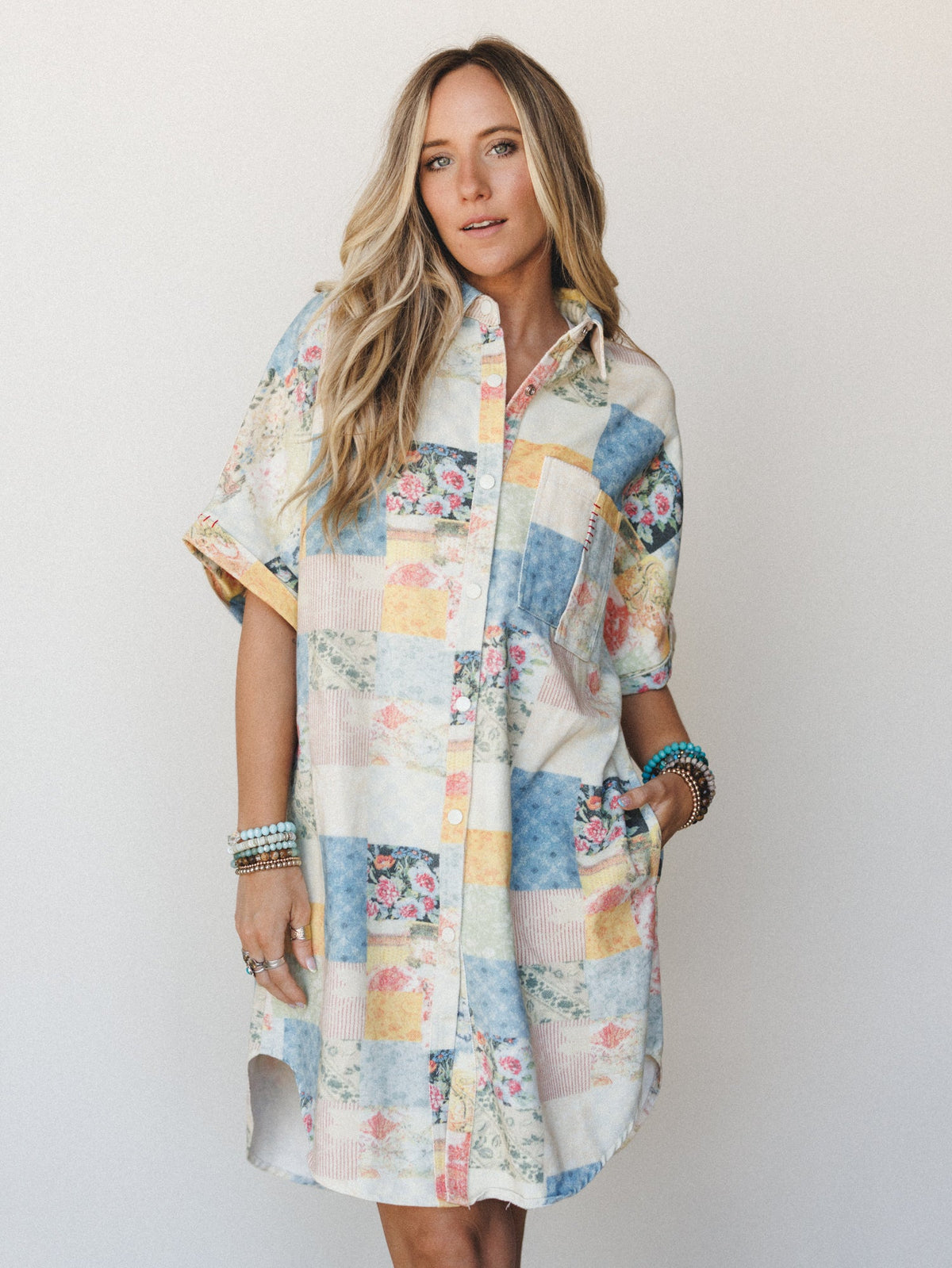 Floral Vines Patchwork Denim Dress - Patchwork Denim