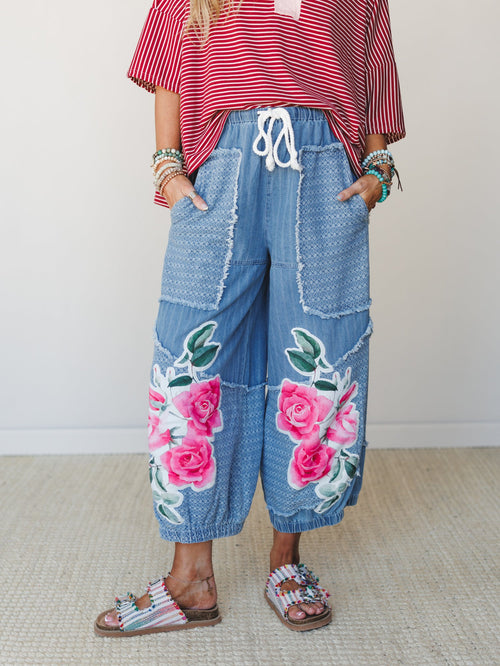 Floral and Lace Pants - Light Denim Multi