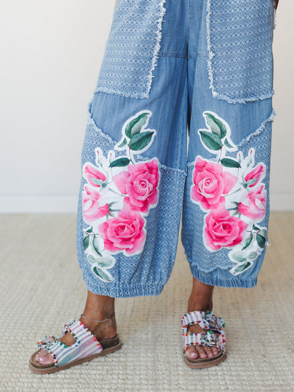 Floral and Lace Pants - Light Denim Multi