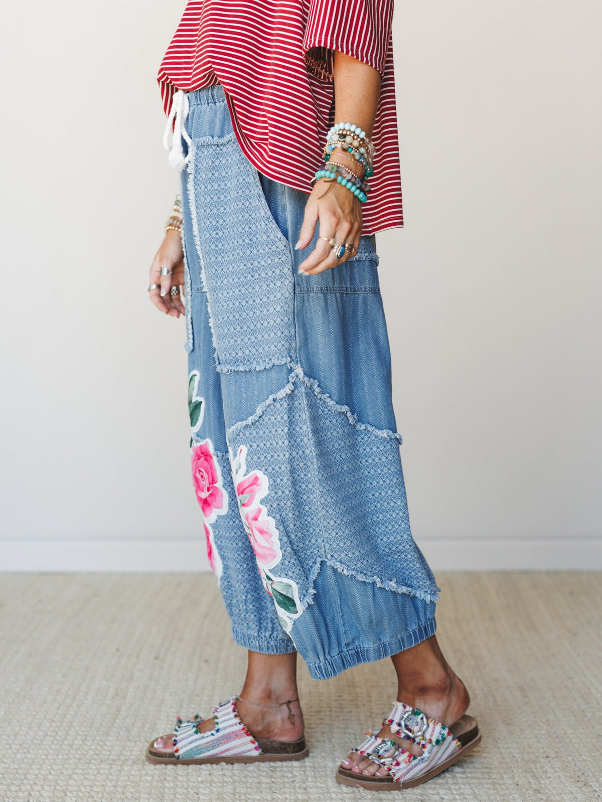 Floral and Lace Pants - Light Denim Multi