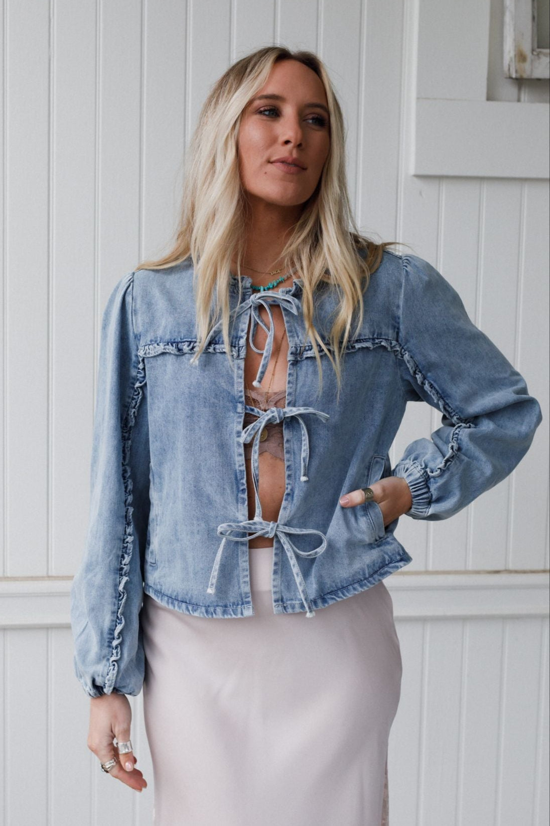 Adrian Tie Front Denim Jacket - Light Denim - Pre Order
