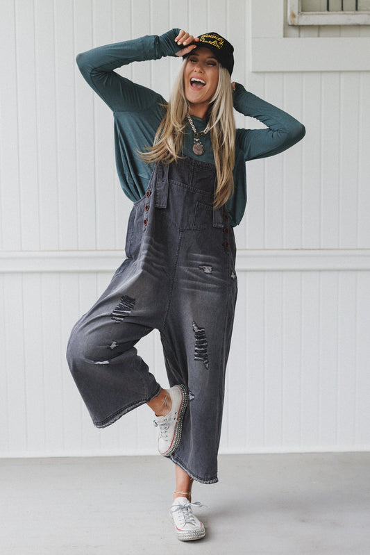 High Hopes Slouchy Denim Overalls - Black