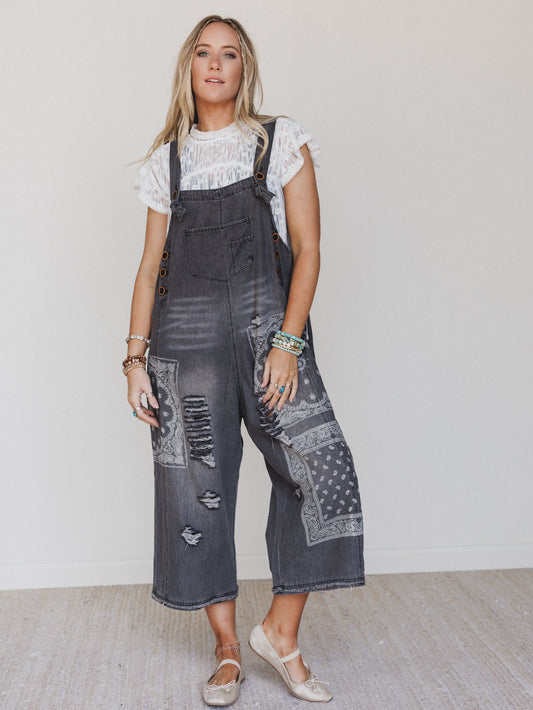 High Hopes Slouchy Denim Overalls - Black Bandana