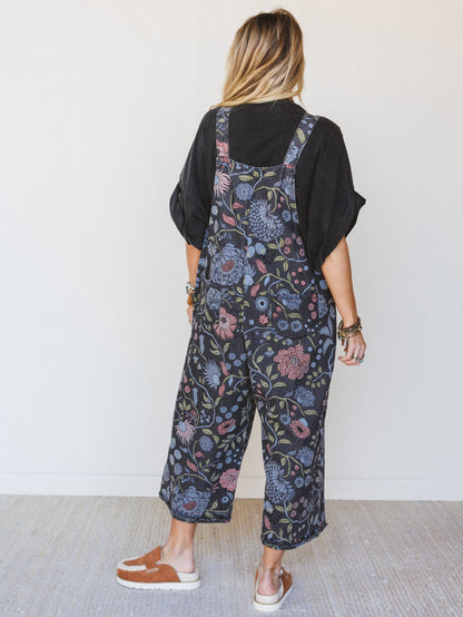 High Hopes Slouchy Denim Overalls - Floral Black Denim
