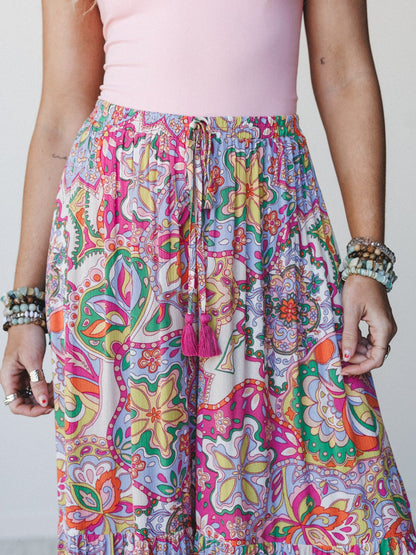 Floral Swirl Ruffled Pants - Grape Mist