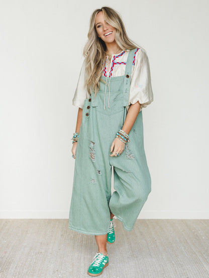 High Hopes Slouchy Denim Overalls - Sage