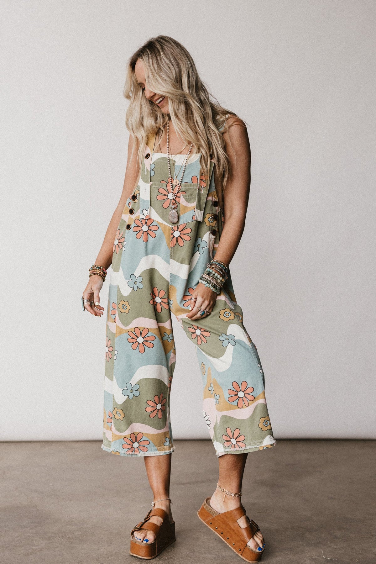 High Hopes Slouchy Denim Overalls - Olive Flower