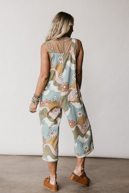 High Hopes Slouchy Denim Overalls - Olive Flower