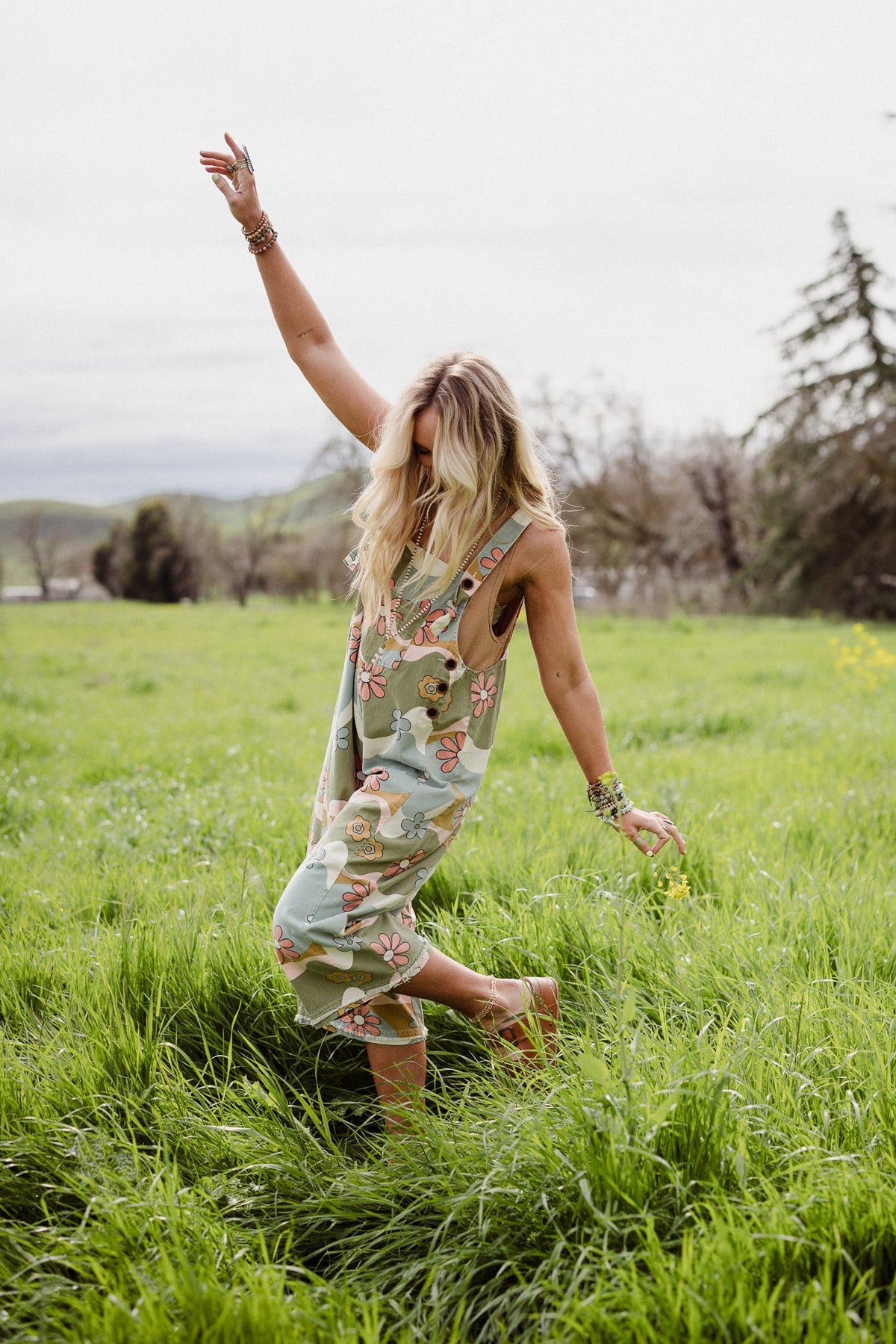 High Hopes Slouchy Denim Overalls - Olive Flower