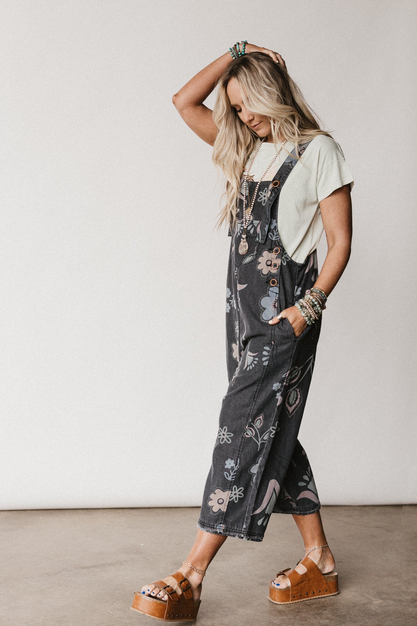 High Hopes Slouchy Pocket Denim Overalls - Black Artsy Floral