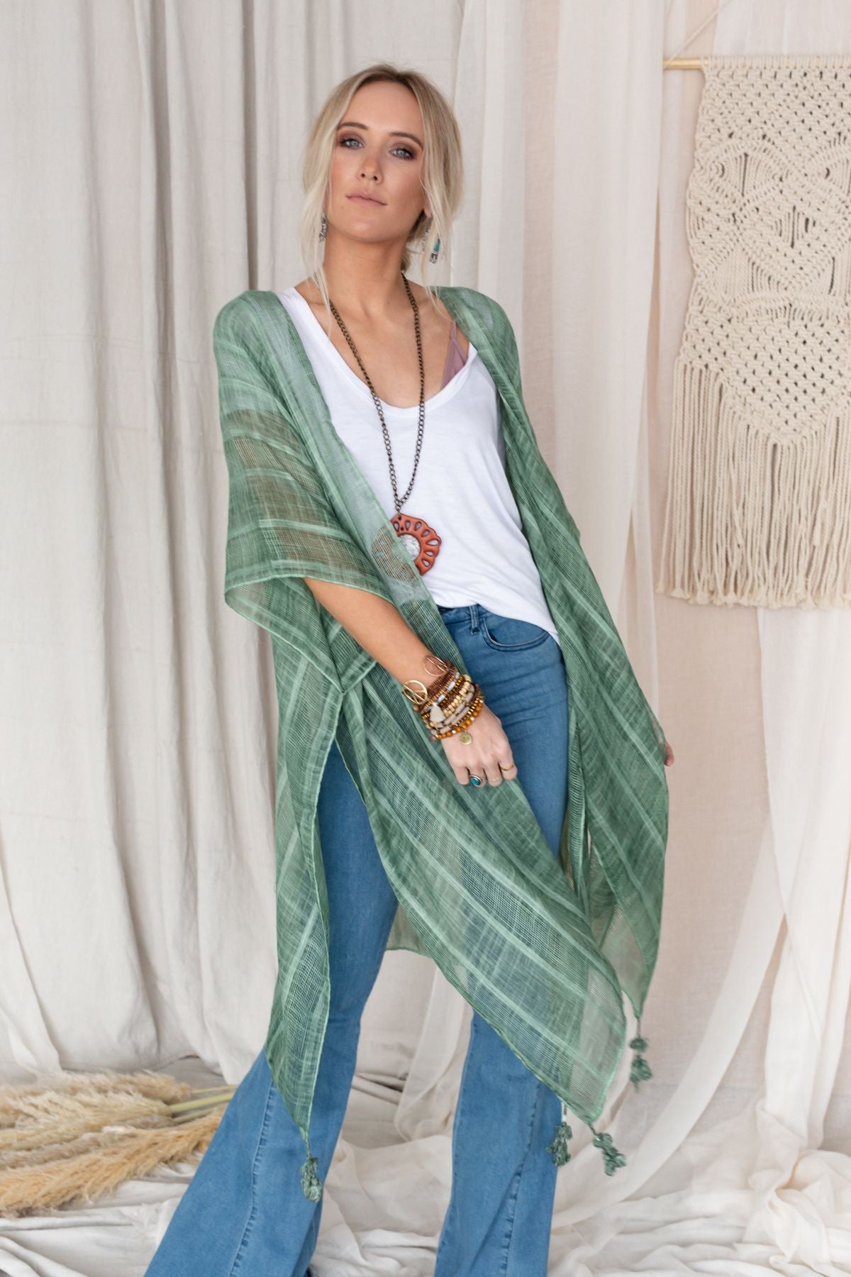 Desert Sunset Striped Kimono - Sage
